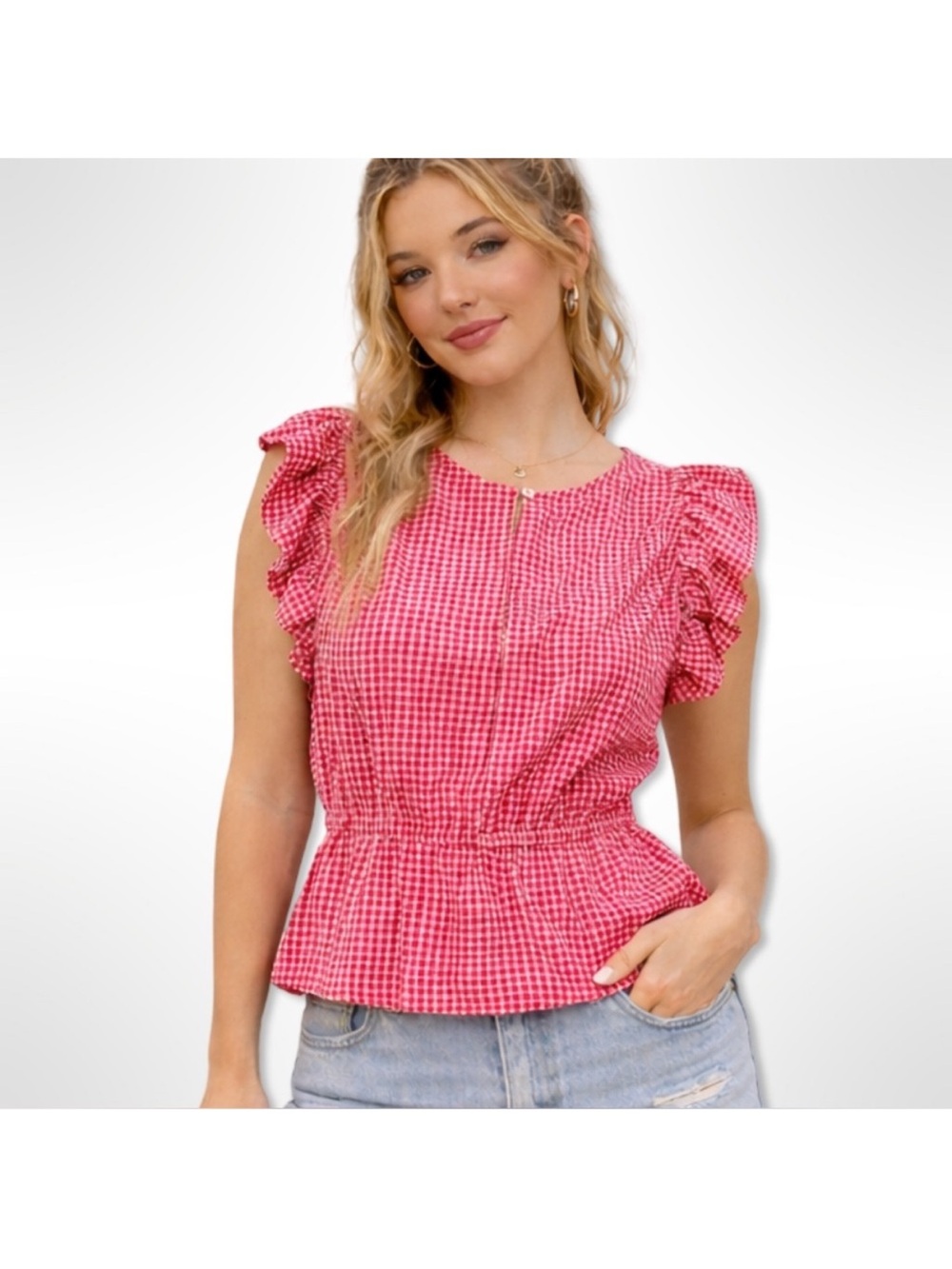 Free Assembly Women's Sleeveless Red and Pink Gingham Ruffle Top Size Small